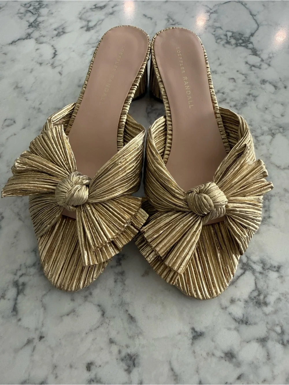 Loeffler Randall Emilia Gold Pleated Bow Heel Sz 8.5